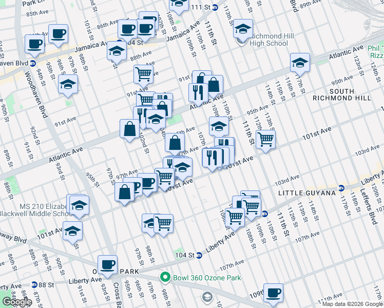 map of restaurants, bars, coffee shops, grocery stores, and more near 97-06 106th Street in Queens