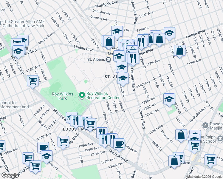 map of restaurants, bars, coffee shops, grocery stores, and more near 118-19 179th Street in Queens