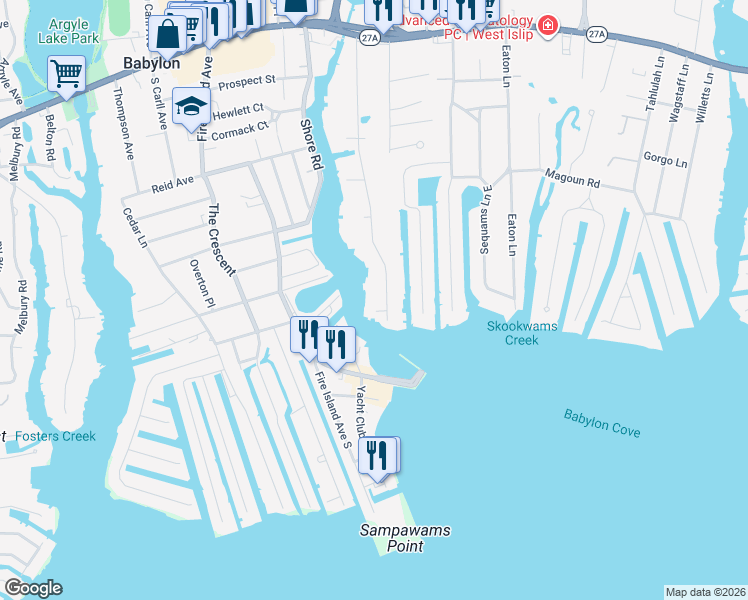 map of restaurants, bars, coffee shops, grocery stores, and more near 237 West Islip Road in West Islip