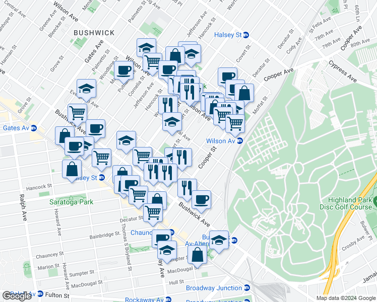 map of restaurants, bars, coffee shops, grocery stores, and more near 116 Schaefer Street in Brooklyn