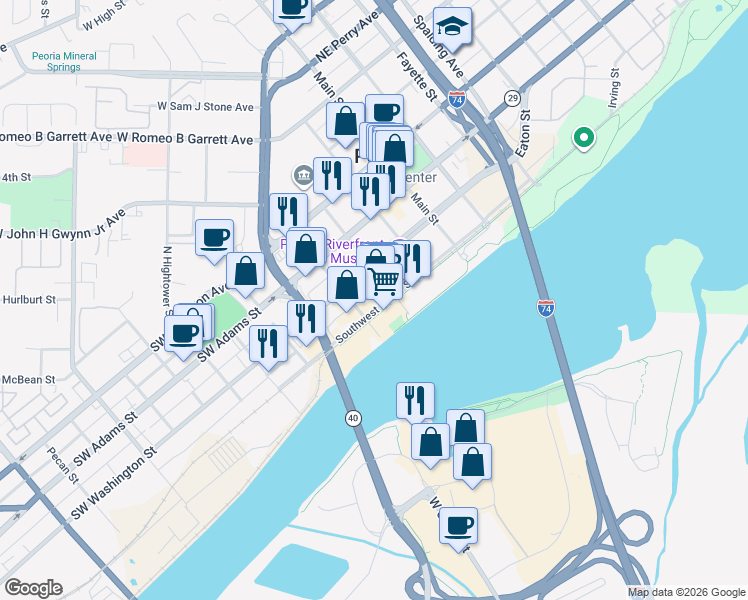 map of restaurants, bars, coffee shops, grocery stores, and more near 300 Southwest Water Street in Peoria