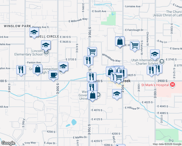 map of restaurants, bars, coffee shops, grocery stores, and more near 3855 South 700 East in Millcreek