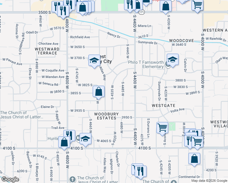 map of restaurants, bars, coffee shops, grocery stores, and more near 3879 South 4535 West in West Valley City