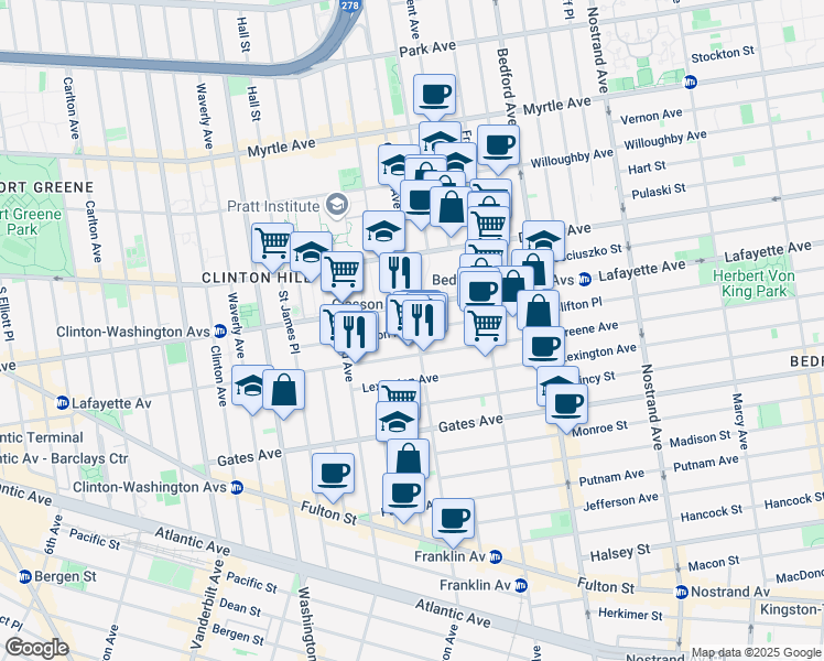 map of restaurants, bars, coffee shops, grocery stores, and more near 99 Clifton Place in Brooklyn