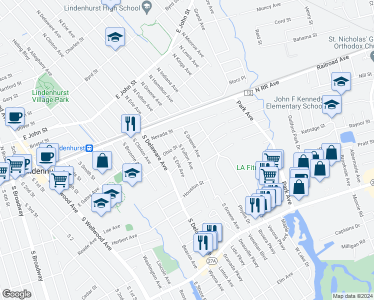 map of restaurants, bars, coffee shops, grocery stores, and more near 280 South Fulton Avenue in Lindenhurst