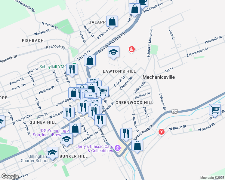 map of restaurants, bars, coffee shops, grocery stores, and more near 423 East Arch Street in Pottsville