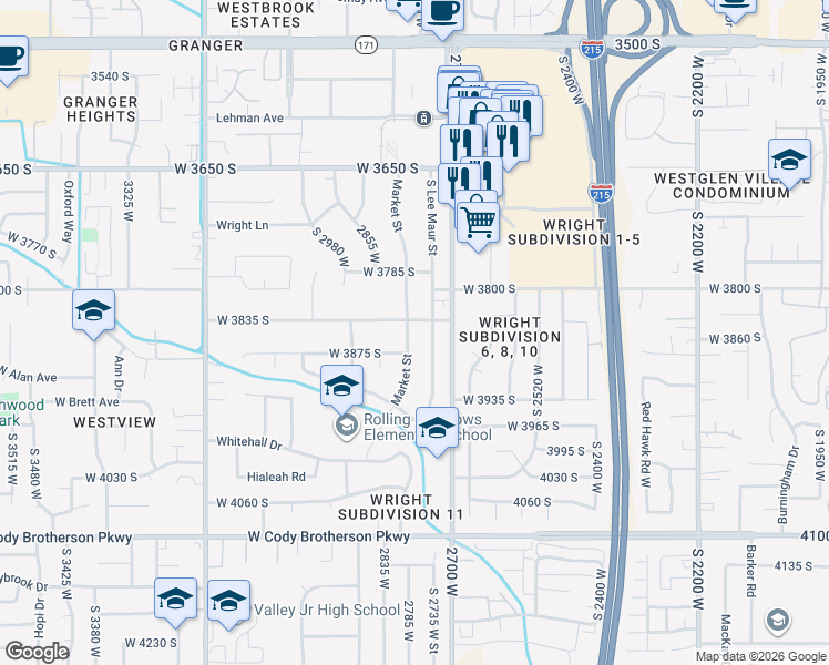 map of restaurants, bars, coffee shops, grocery stores, and more near 3853 South Market Street in West Valley City