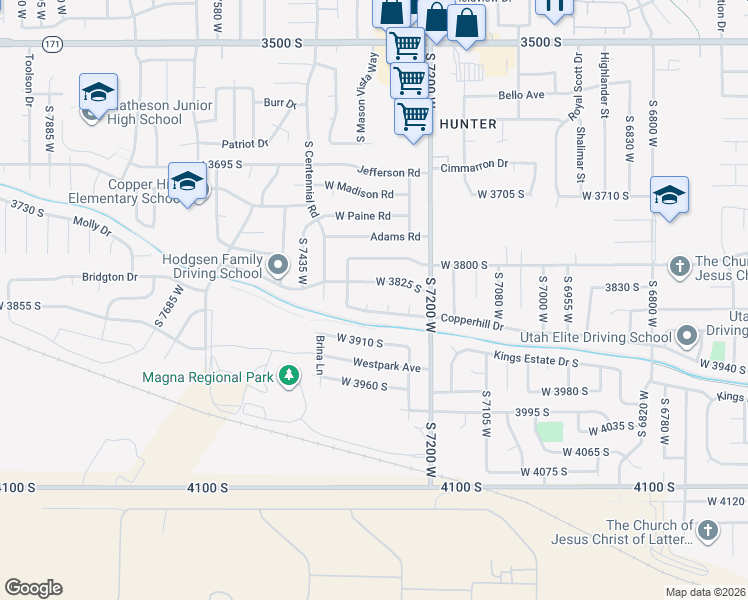 map of restaurants, bars, coffee shops, grocery stores, and more near 3847 Westgate Circle in Magna