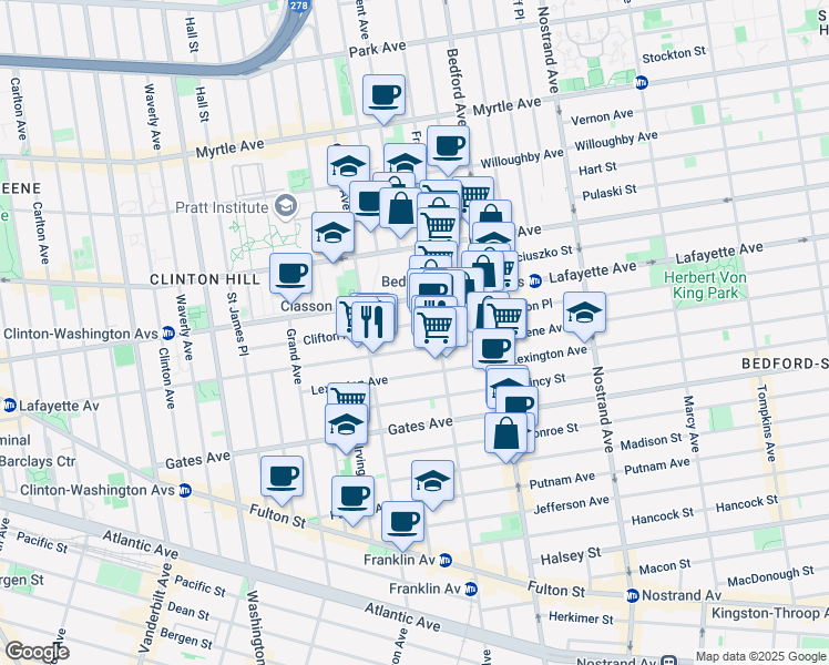map of restaurants, bars, coffee shops, grocery stores, and more near 340 Greene Avenue in Brooklyn