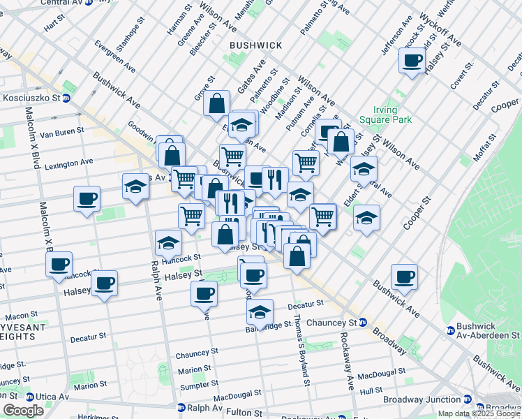 map of restaurants, bars, coffee shops, grocery stores, and more near 1045 Jefferson Avenue in Brooklyn