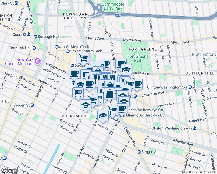 map of restaurants, bars, coffee shops, grocery stores, and more near 572 Fulton Street in Brooklyn