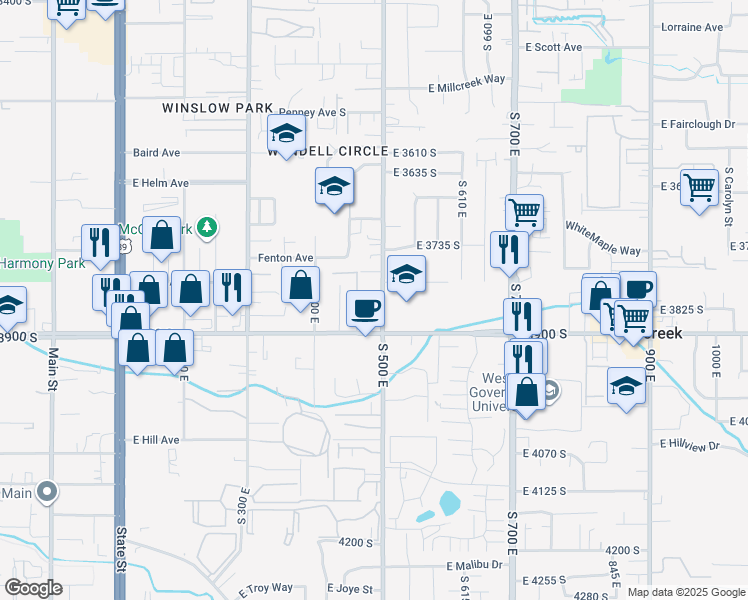 map of restaurants, bars, coffee shops, grocery stores, and more near 3812 South 500 East in South Salt Lake