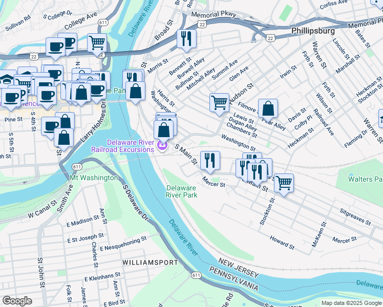 map of restaurants, bars, coffee shops, grocery stores, and more near 191 South Main Street in Phillipsburg