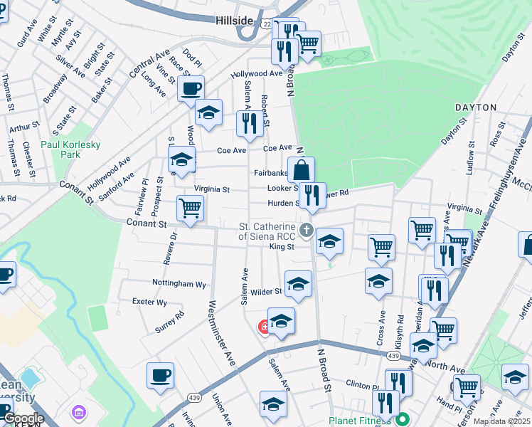 map of restaurants, bars, coffee shops, grocery stores, and more near 42 Beechwood Place in Hillside