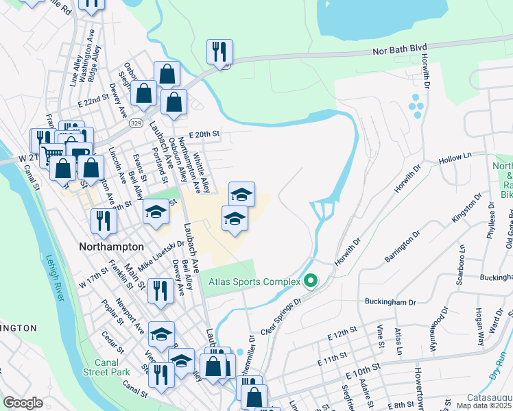 map of restaurants, bars, coffee shops, grocery stores, and more near 1617 Laubach Avenue in Northampton