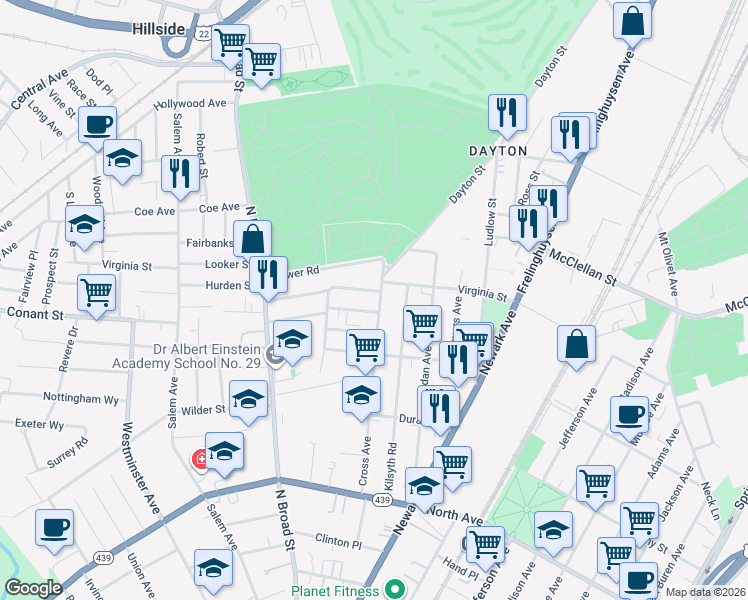 map of restaurants, bars, coffee shops, grocery stores, and more near 1029 Cross Avenue in Elizabeth