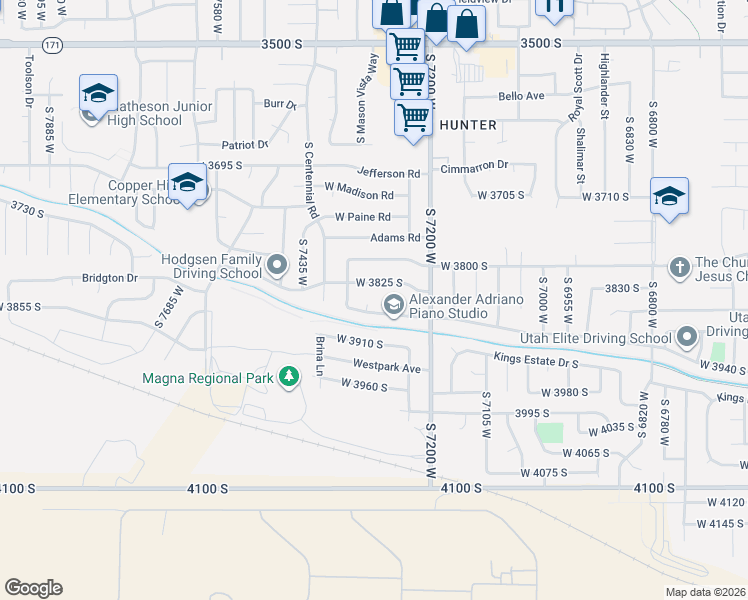 map of restaurants, bars, coffee shops, grocery stores, and more near 3847 Westgate Circle in Magna
