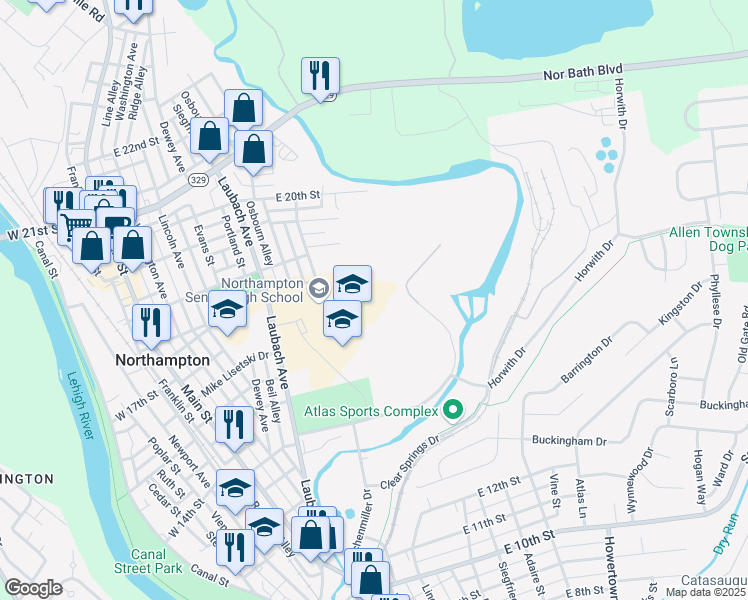 map of restaurants, bars, coffee shops, grocery stores, and more near 1617 Laubach Avenue in Northampton