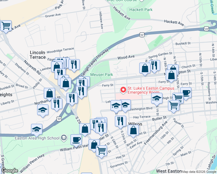 map of restaurants, bars, coffee shops, grocery stores, and more near 2237 Fairview Avenue in Easton