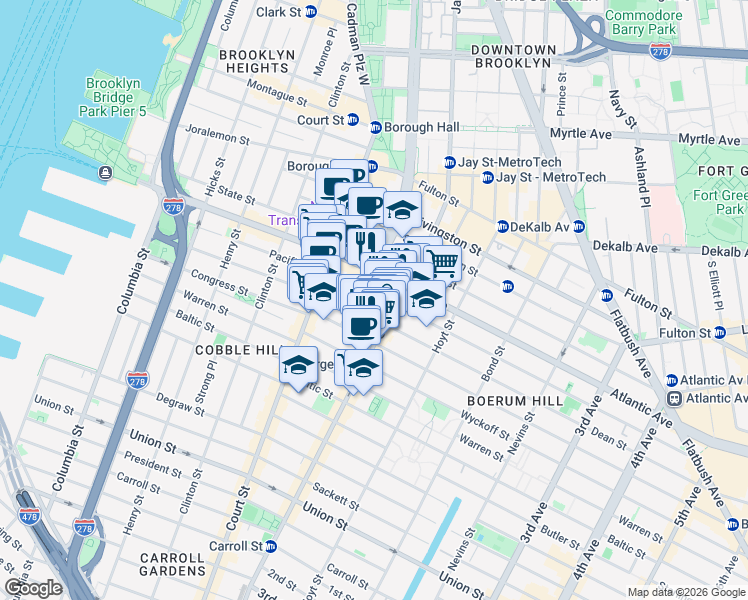 map of restaurants, bars, coffee shops, grocery stores, and more near 66 Dean Street in Brooklyn
