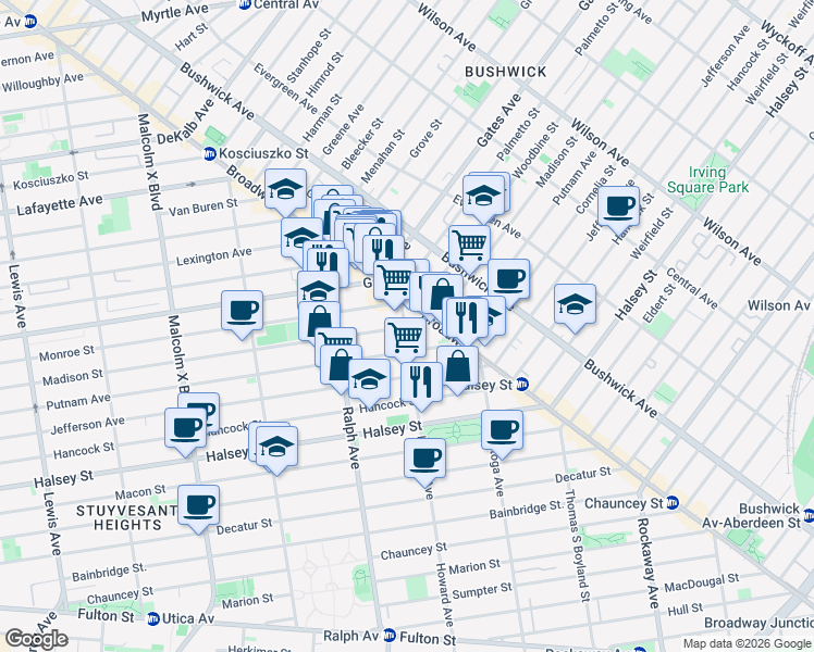 map of restaurants, bars, coffee shops, grocery stores, and more near 17 Howard Avenue in Brooklyn