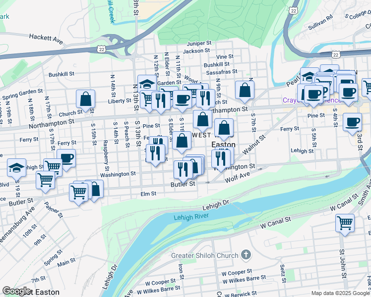 map of restaurants, bars, coffee shops, grocery stores, and more near 128 South 11th Street in Easton