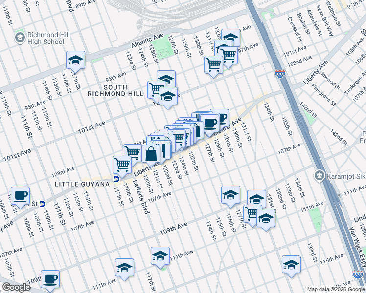 map of restaurants, bars, coffee shops, grocery stores, and more near 124-09 Liberty Avenue in Queens
