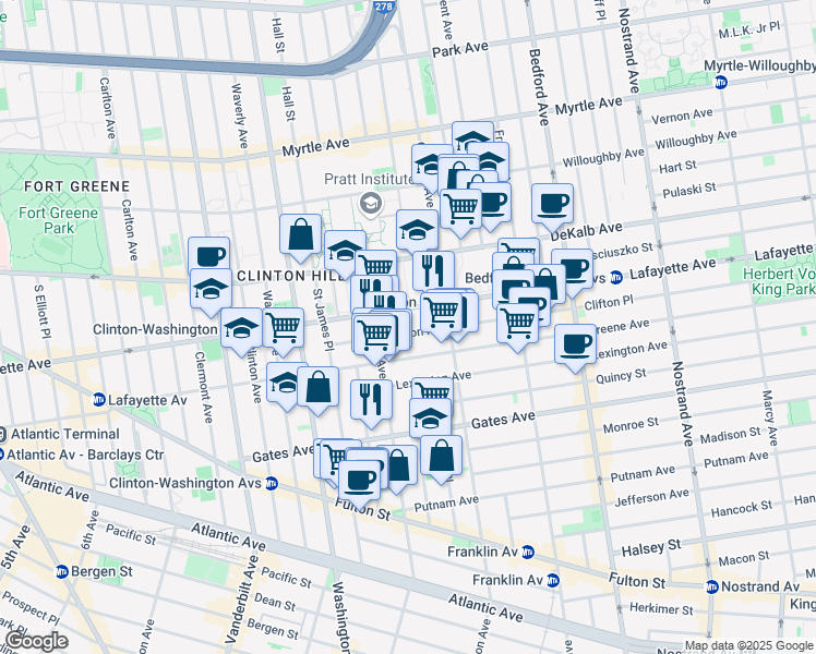 map of restaurants, bars, coffee shops, grocery stores, and more near 67 Clifton Place in Brooklyn