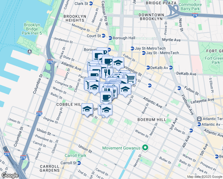 map of restaurants, bars, coffee shops, grocery stores, and more near 66 Dean Street in Brooklyn