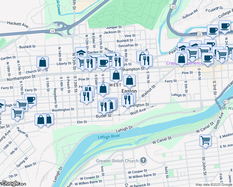 map of restaurants, bars, coffee shops, grocery stores, and more near 135 South 10th Street in Easton