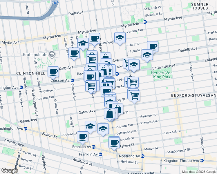 map of restaurants, bars, coffee shops, grocery stores, and more near 1047 Bedford Avenue in Brooklyn