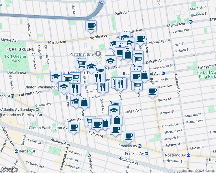 map of restaurants, bars, coffee shops, grocery stores, and more near 67 Clifton Place in Brooklyn