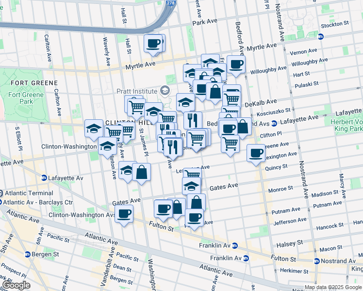 map of restaurants, bars, coffee shops, grocery stores, and more near 67 Clifton Place in Brooklyn