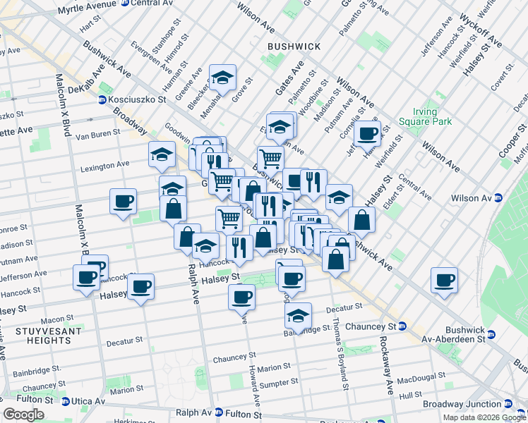 map of restaurants, bars, coffee shops, grocery stores, and more near 1485 Broadway in Brooklyn