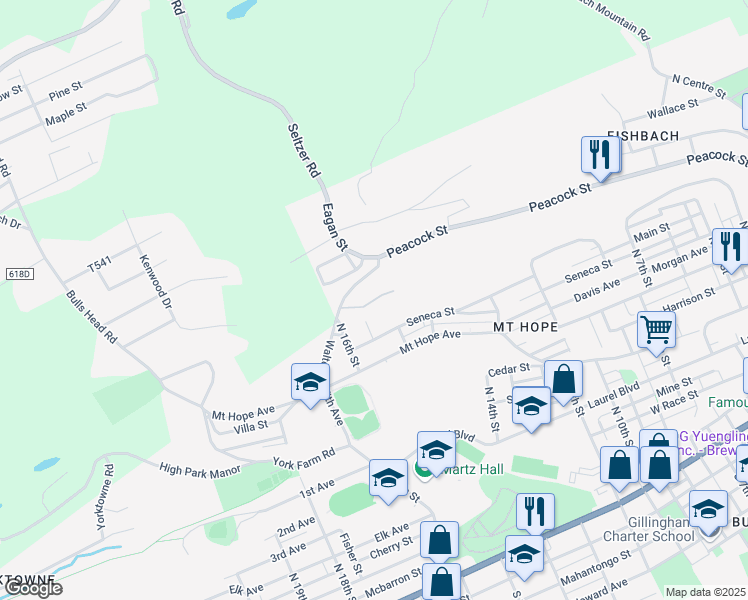 map of restaurants, bars, coffee shops, grocery stores, and more near 16 Barefield Drive in Pottsville