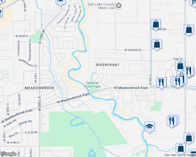 map of restaurants, bars, coffee shops, grocery stores, and more near 3819 South River Run Way in South Salt Lake