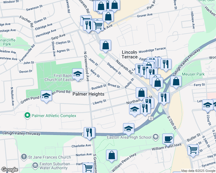 map of restaurants, bars, coffee shops, grocery stores, and more near 2650 Broad Street in Easton