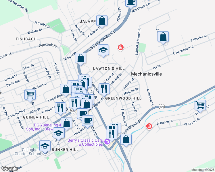 map of restaurants, bars, coffee shops, grocery stores, and more near 436 East Market Street in Pottsville