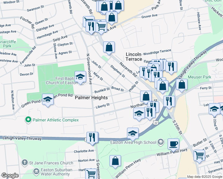 map of restaurants, bars, coffee shops, grocery stores, and more near 2650 Broad Street in Easton
