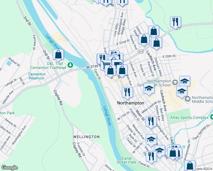 map of restaurants, bars, coffee shops, grocery stores, and more near 143 Lumber Street in Northampton