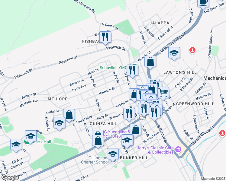 map of restaurants, bars, coffee shops, grocery stores, and more near 421 Harrison Street in Pottsville