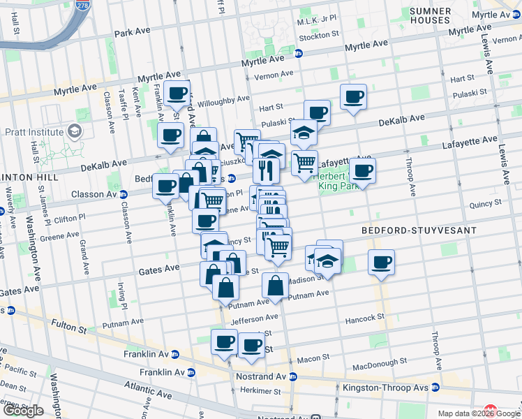 map of restaurants, bars, coffee shops, grocery stores, and more near 484 Greene Avenue in Brooklyn