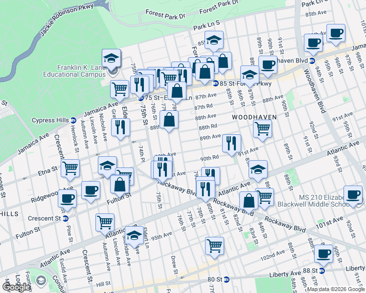 map of restaurants, bars, coffee shops, grocery stores, and more near 90-10 78th Street in Queens