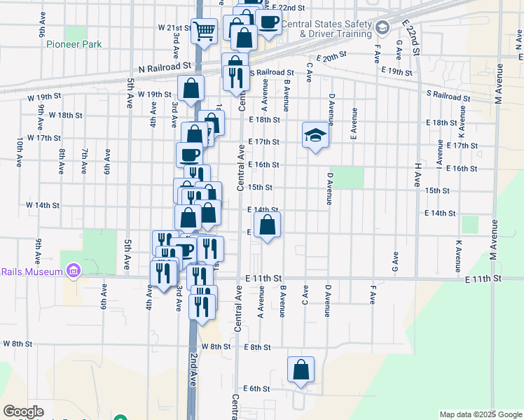 map of restaurants, bars, coffee shops, grocery stores, and more near 1398 Ave A in Kearney