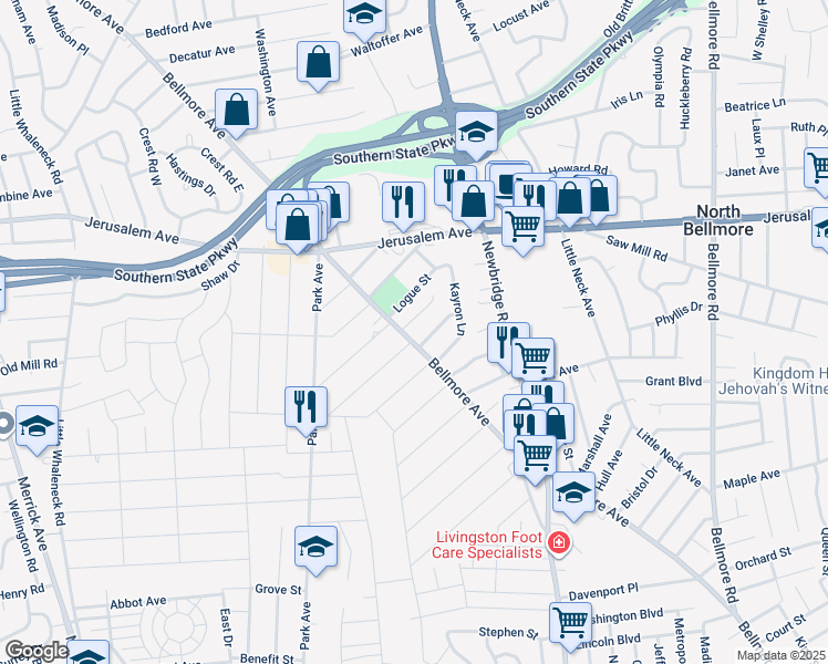 map of restaurants, bars, coffee shops, grocery stores, and more near 1350 Bellmore Avenue in North Bellmore