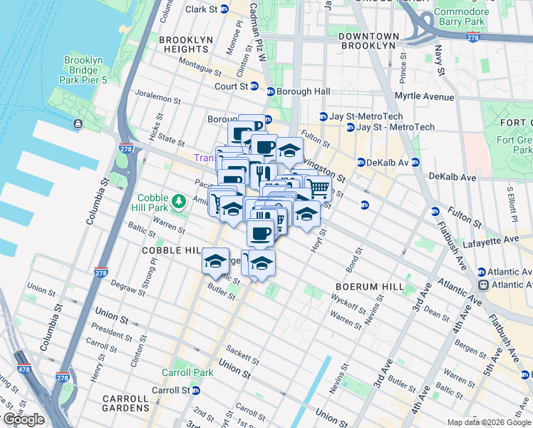 map of restaurants, bars, coffee shops, grocery stores, and more near 66 Dean Street in Brooklyn