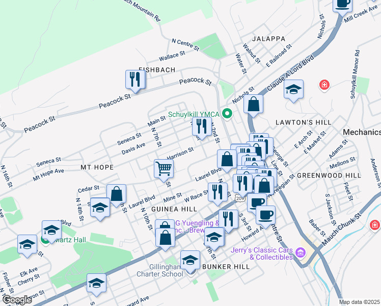 map of restaurants, bars, coffee shops, grocery stores, and more near 421 Harrison Street in Pottsville