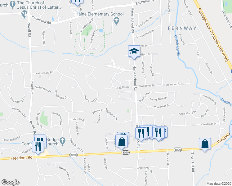 map of restaurants, bars, coffee shops, grocery stores, and more near 50 Ashford Drive in Cranberry Township