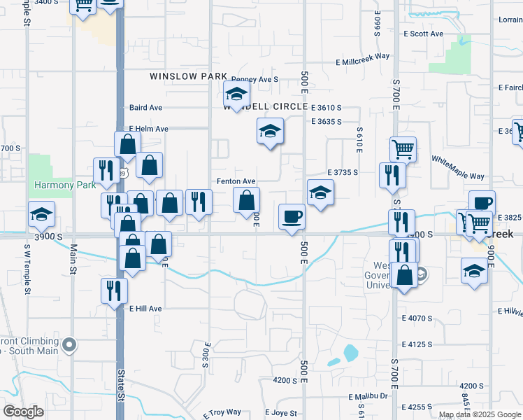 map of restaurants, bars, coffee shops, grocery stores, and more near 3855 South 400 East in South Salt Lake