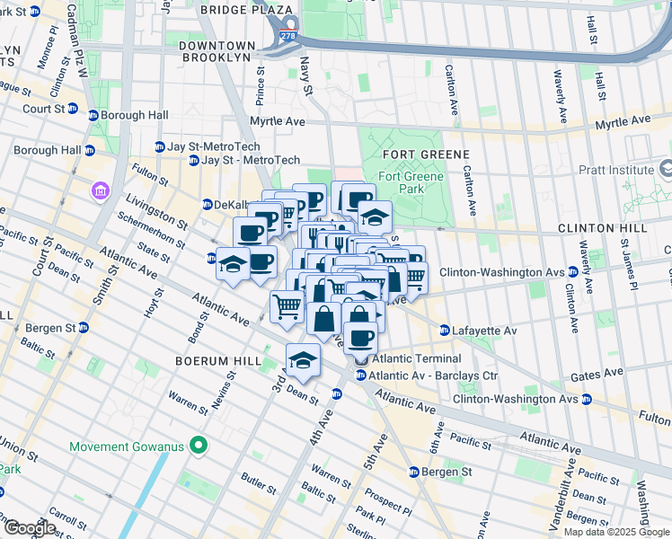 map of restaurants, bars, coffee shops, grocery stores, and more near 657 Fulton Street in Brooklyn